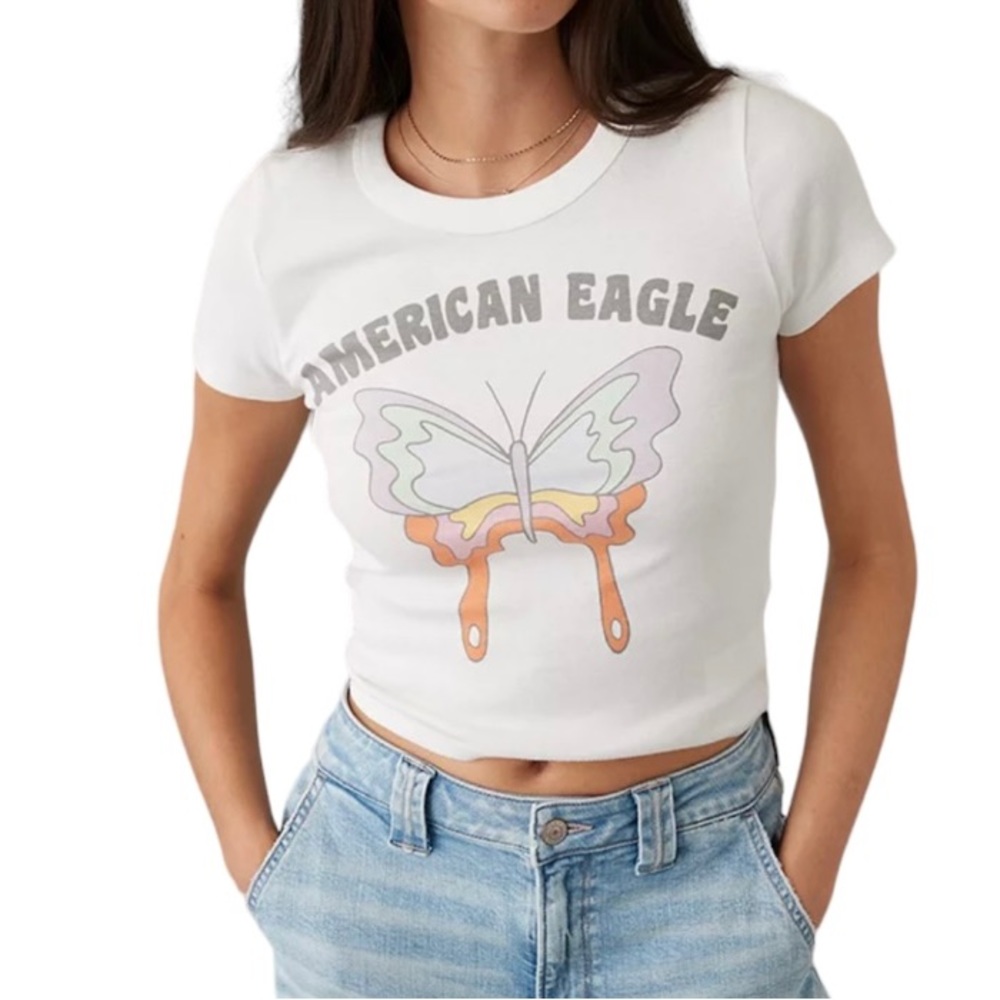 American Eagle Cropped Hey Baby Tee XS S M L CHOOSE Butterfly Graphic Gift NEW
